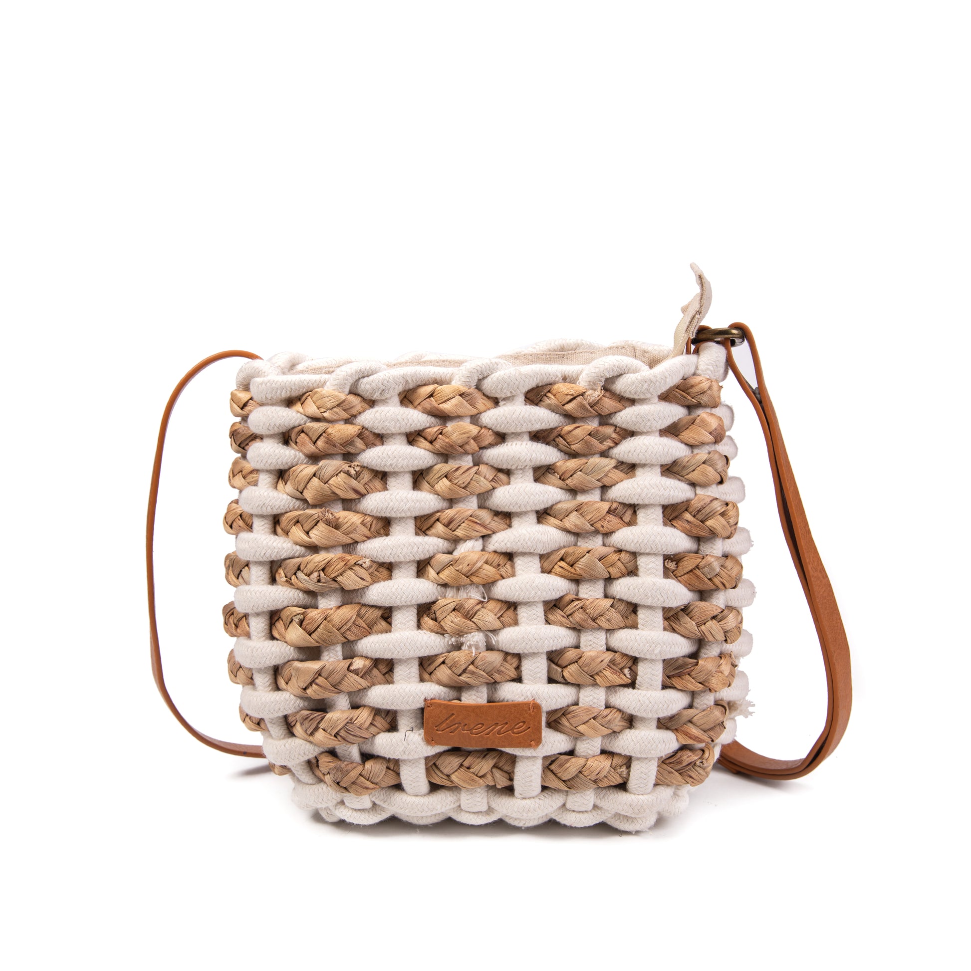Bolso bucket de yute tejido macramé con correa de piel | Crossbody Irene Bag