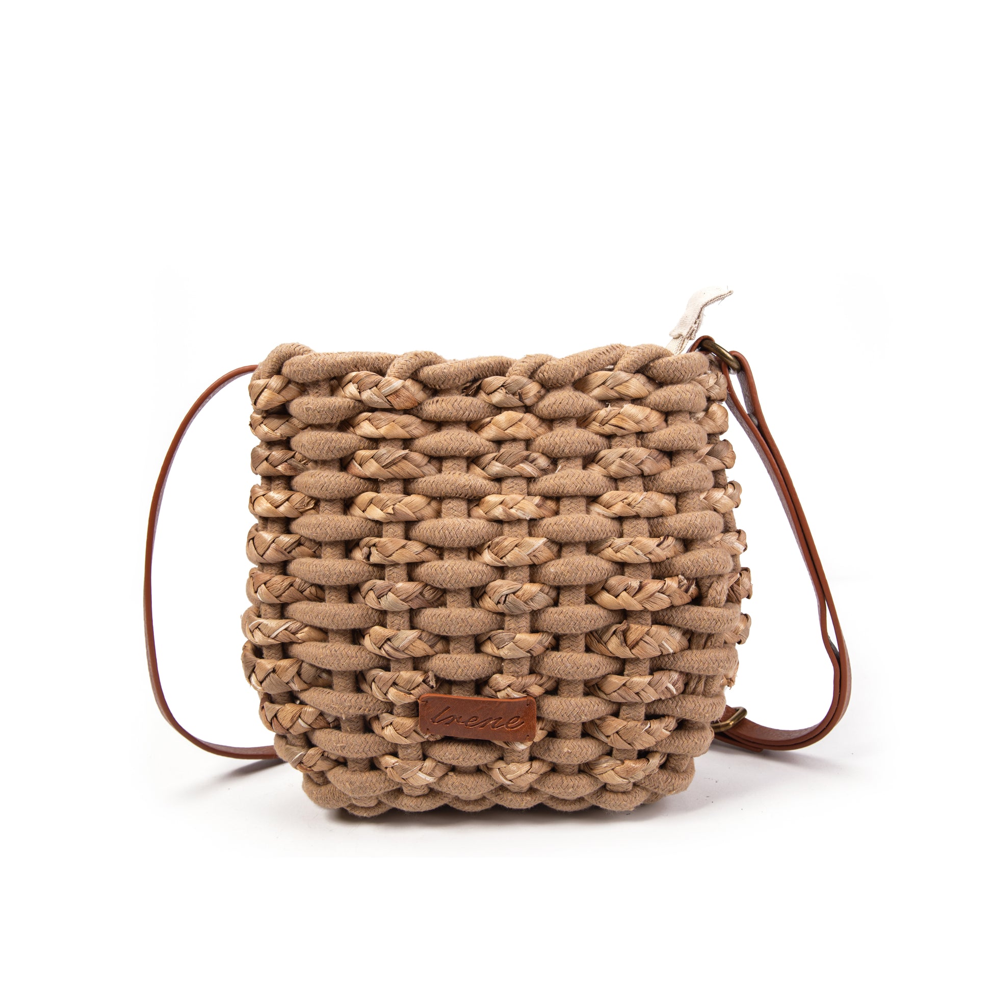 Bolso bucket de yute tejido macramé con correa de piel | Crossbody Irene Bag