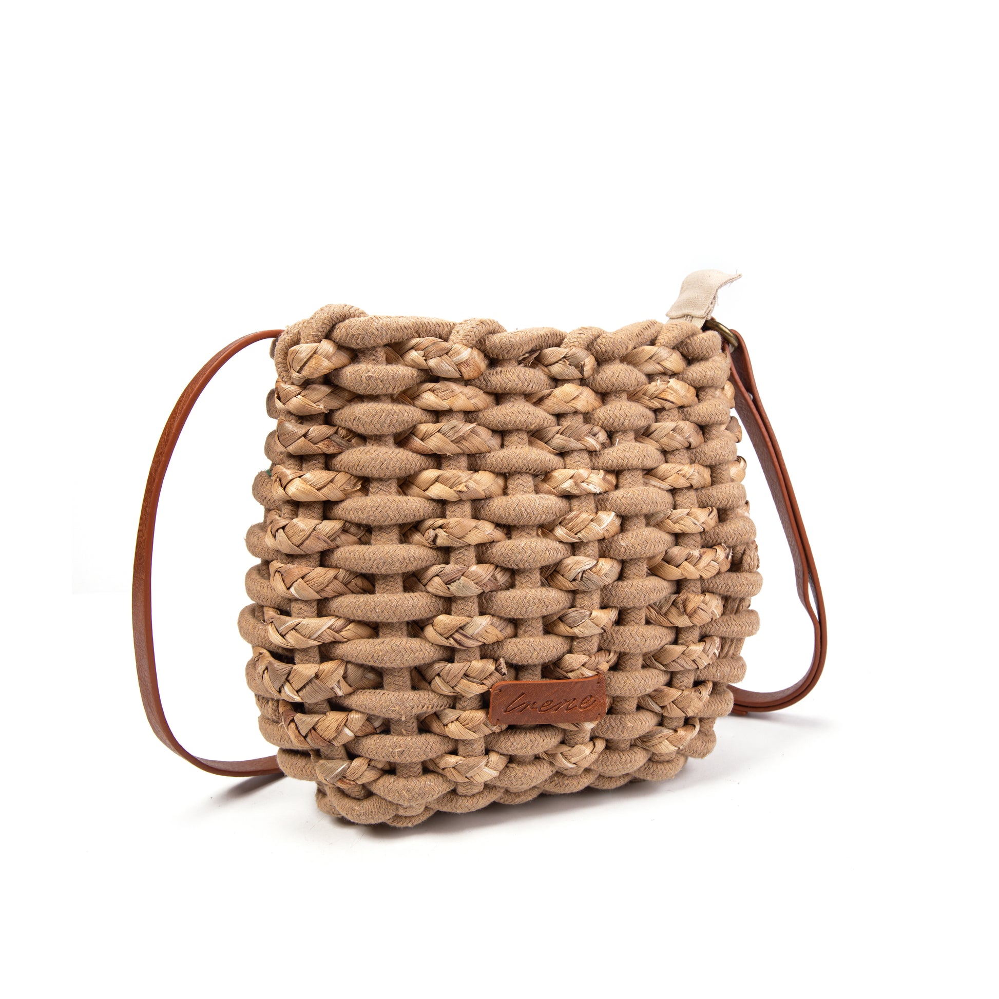 Bolso bucket de yute tejido macramé con correa de piel | Crossbody Irene Bag