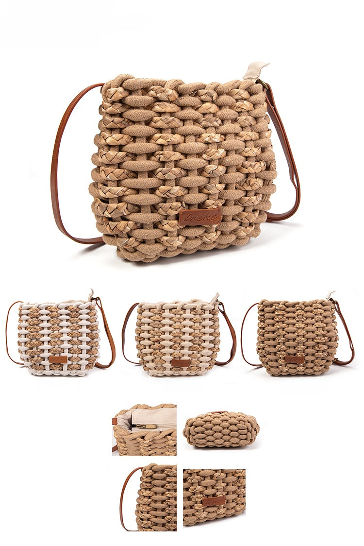 Bolso bucket de yute tejido macramé con correa de piel | Crossbody Irene Bag