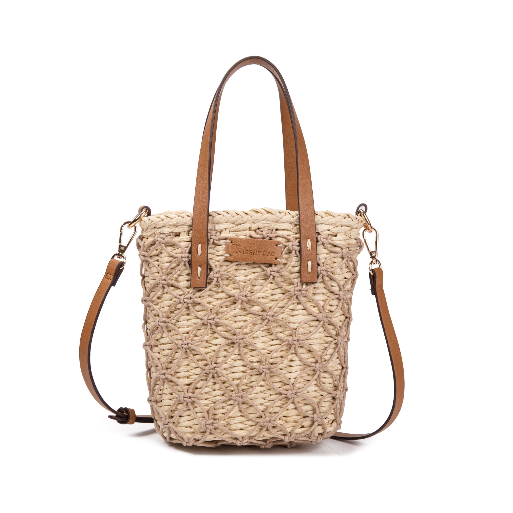 Bolso bucket de palma con macramé y asas de piel | Shopper Irene Bag