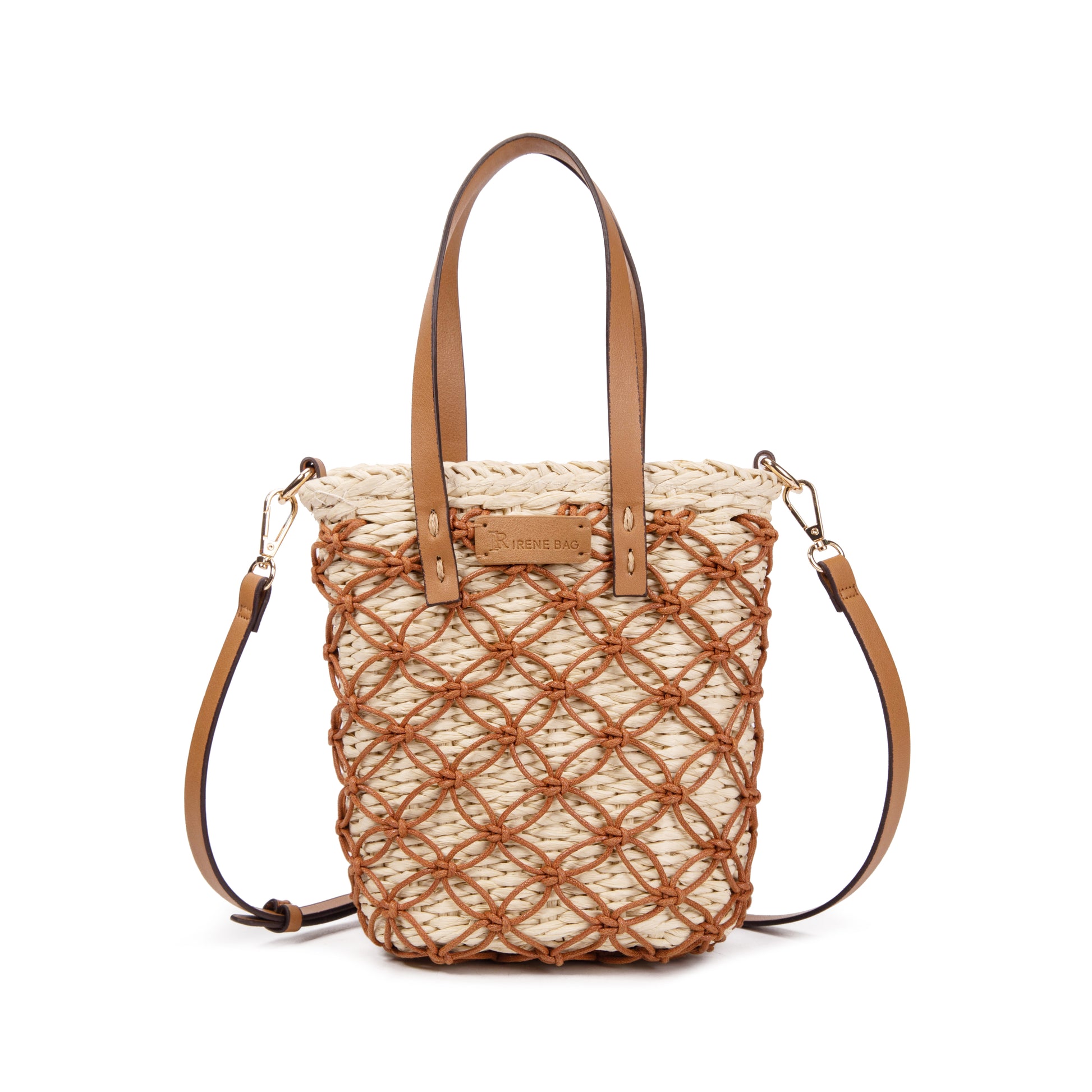 Bolso bucket de palma con macramé y asas de piel | Shopper Irene Bag