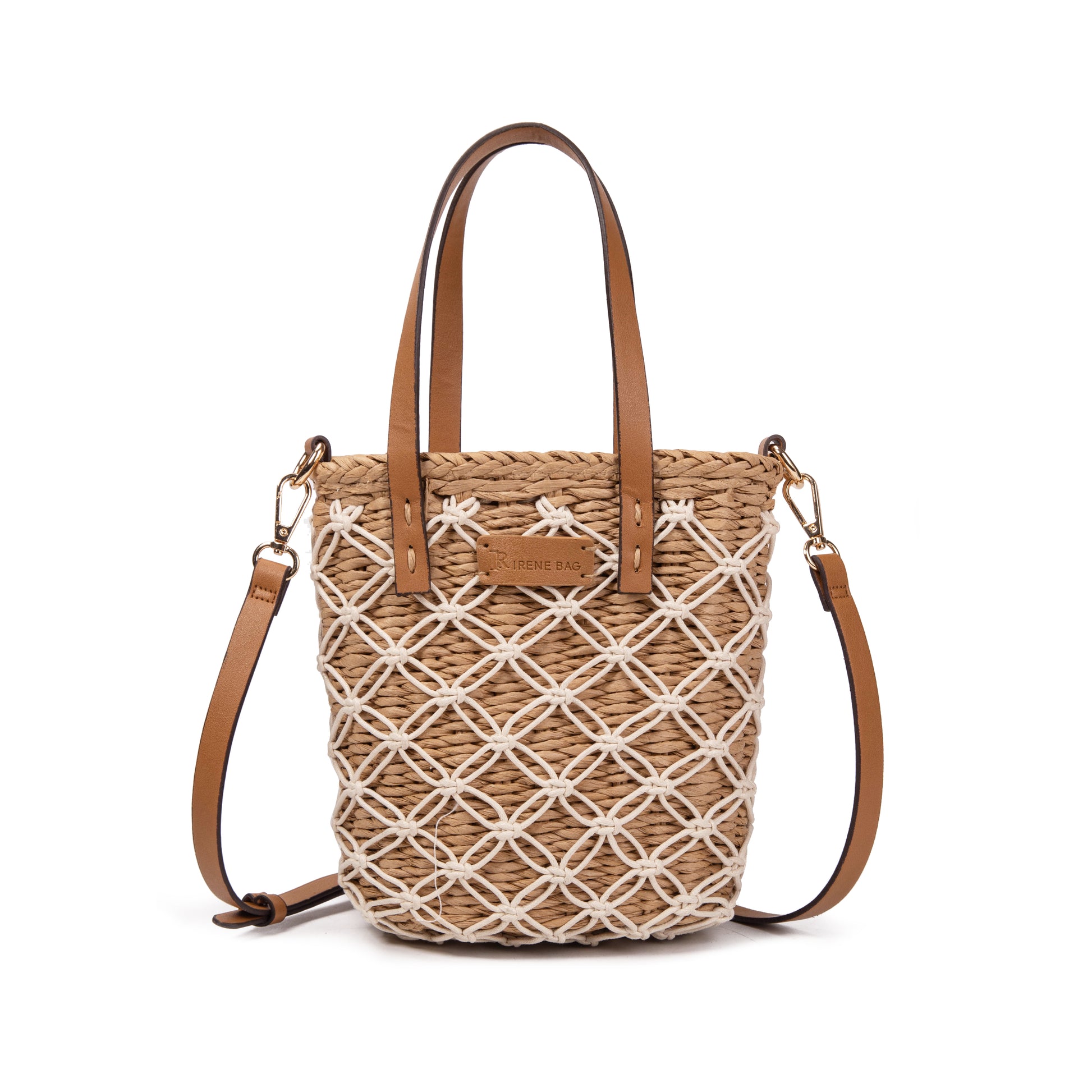 Bolso bucket de palma con macramé y asas de piel | Shopper Irene Bag