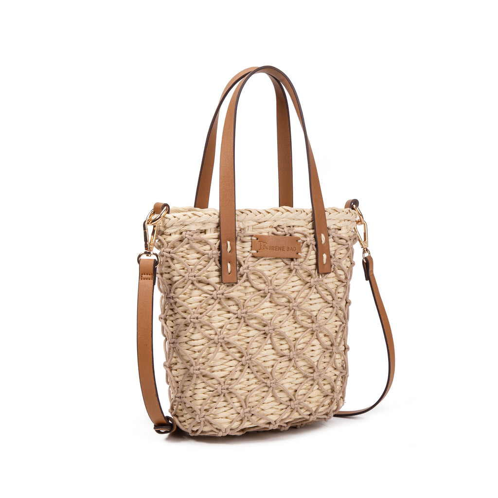 Bolso bucket de palma con macramé y asas de piel | Shopper Irene Bag