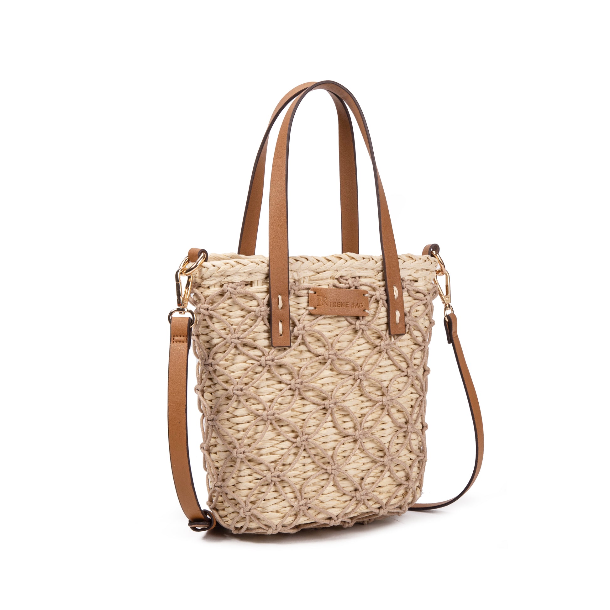 Bolso bucket de palma con macramé y asas de piel | Shopper Irene Bag