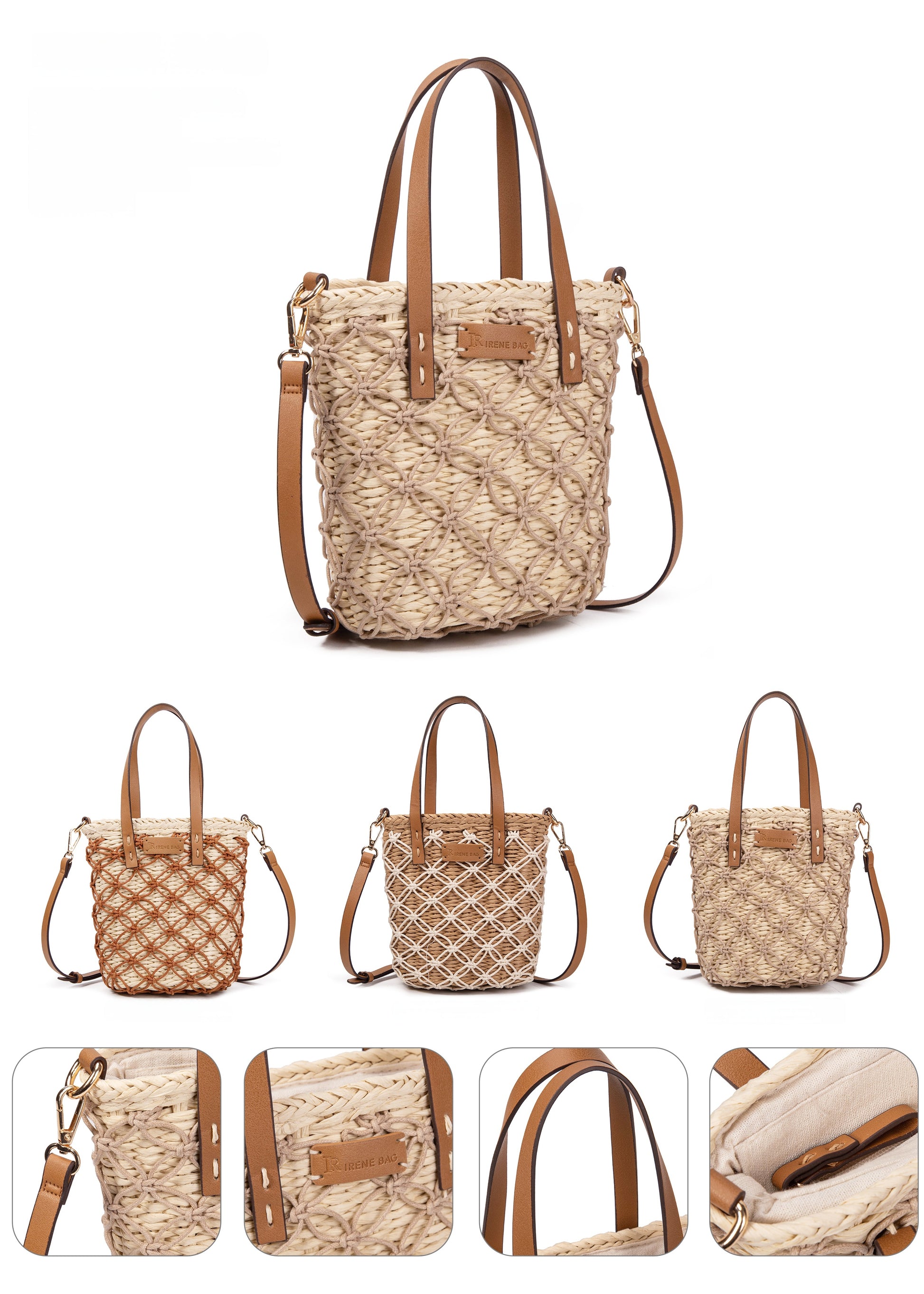Bolso bucket de palma con macramé y asas de piel | Shopper Irene Bag