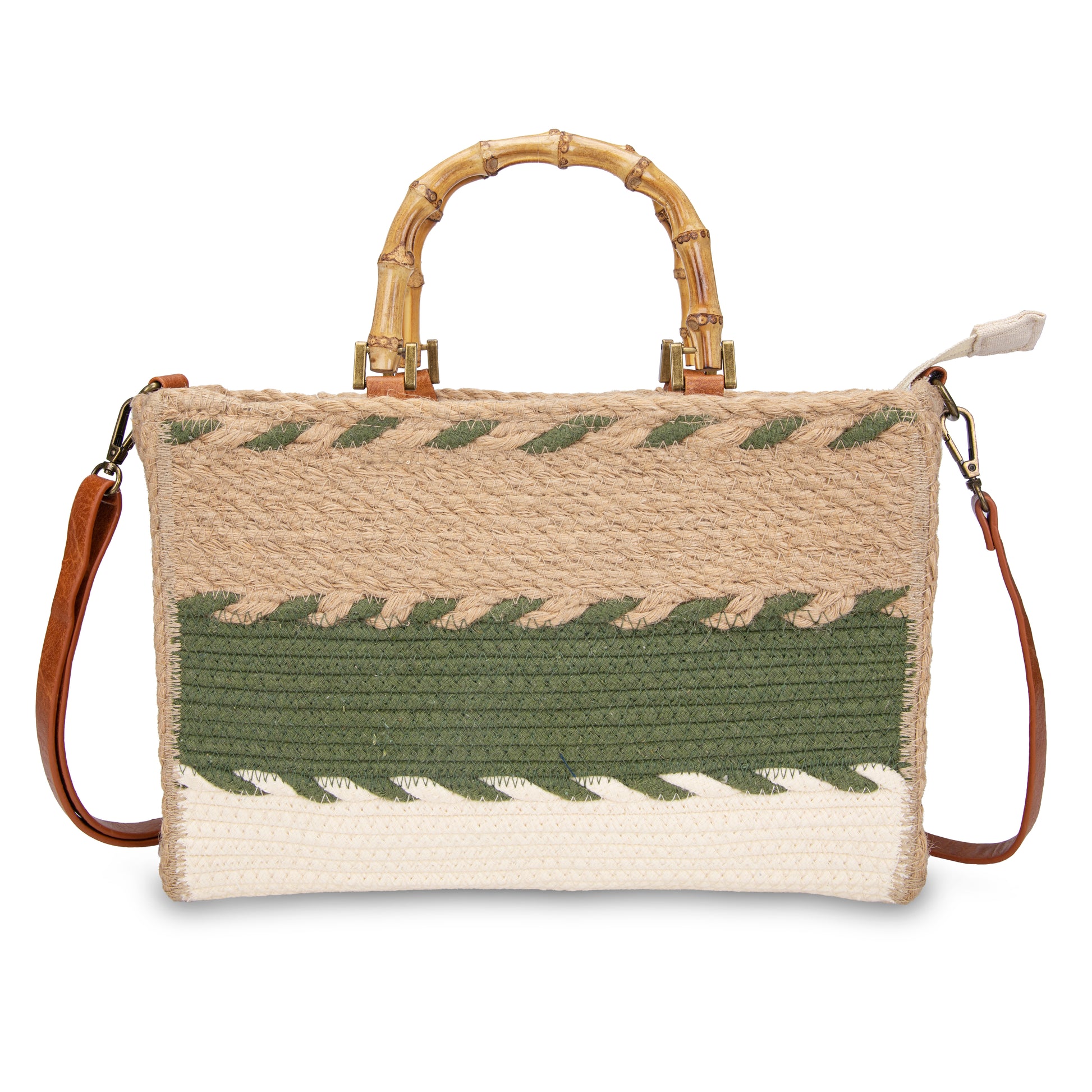 Maletín de rafia con asa de bambú y franjas khaki | Irene Bamboo Case