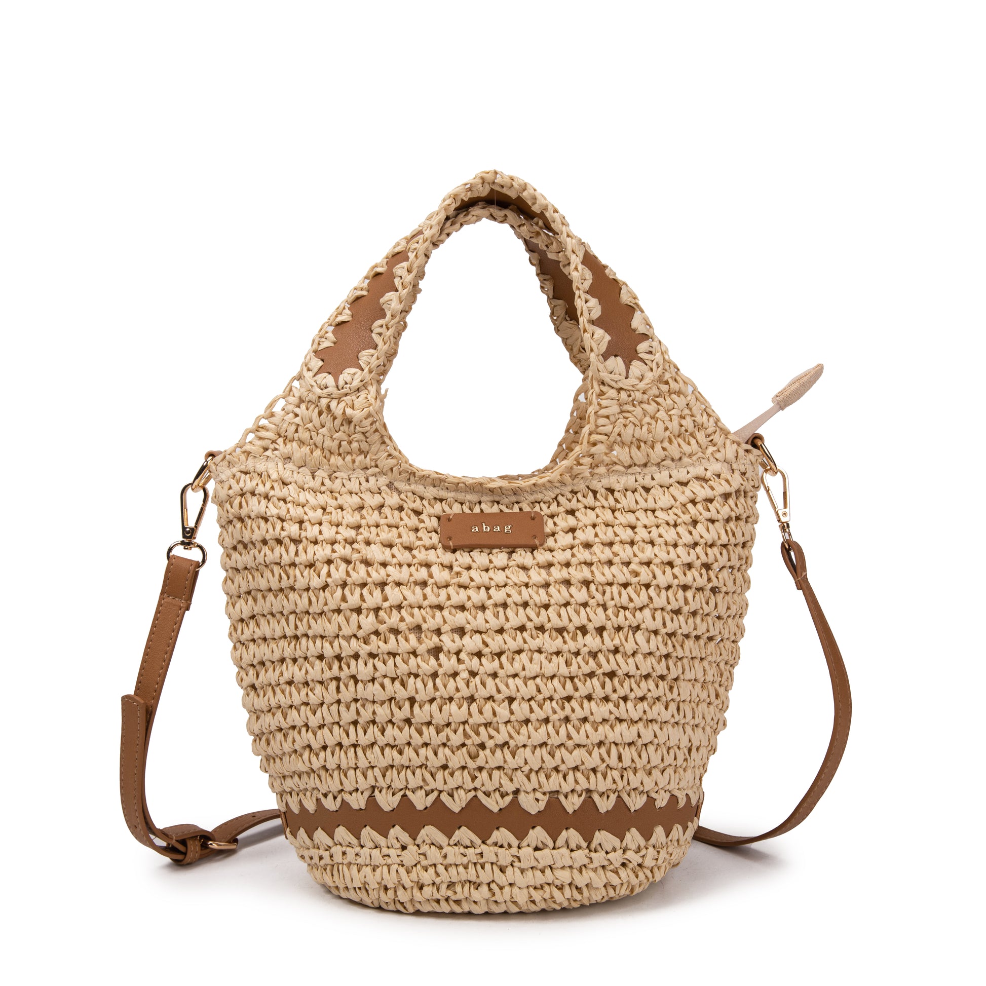 Bucket de rafia con asa trenzada y detalle cuero | Abag® Zigzag Bucket Bag