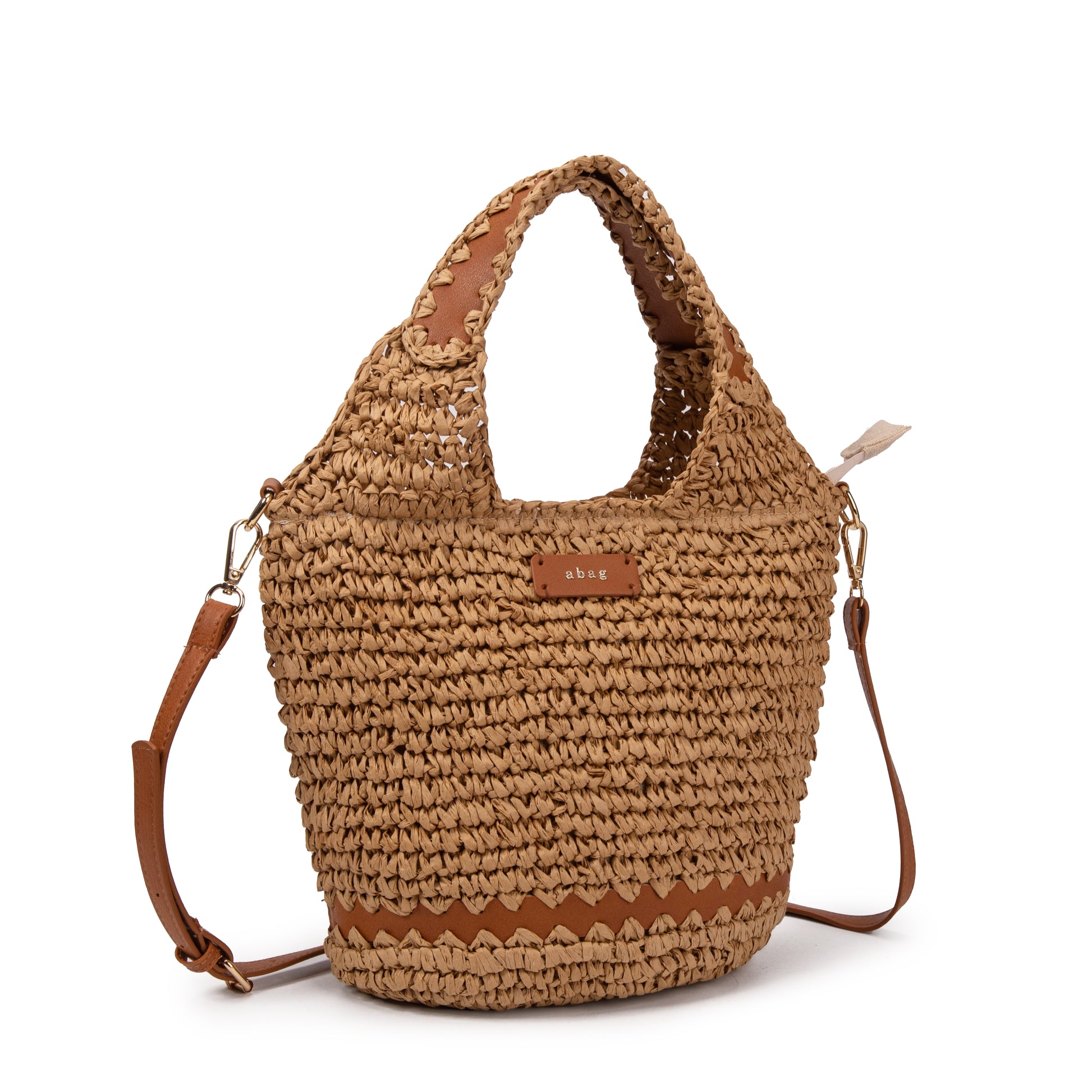 Bucket de rafia con asa trenzada y detalle cuero | Abag® Zigzag Bucket Bag
