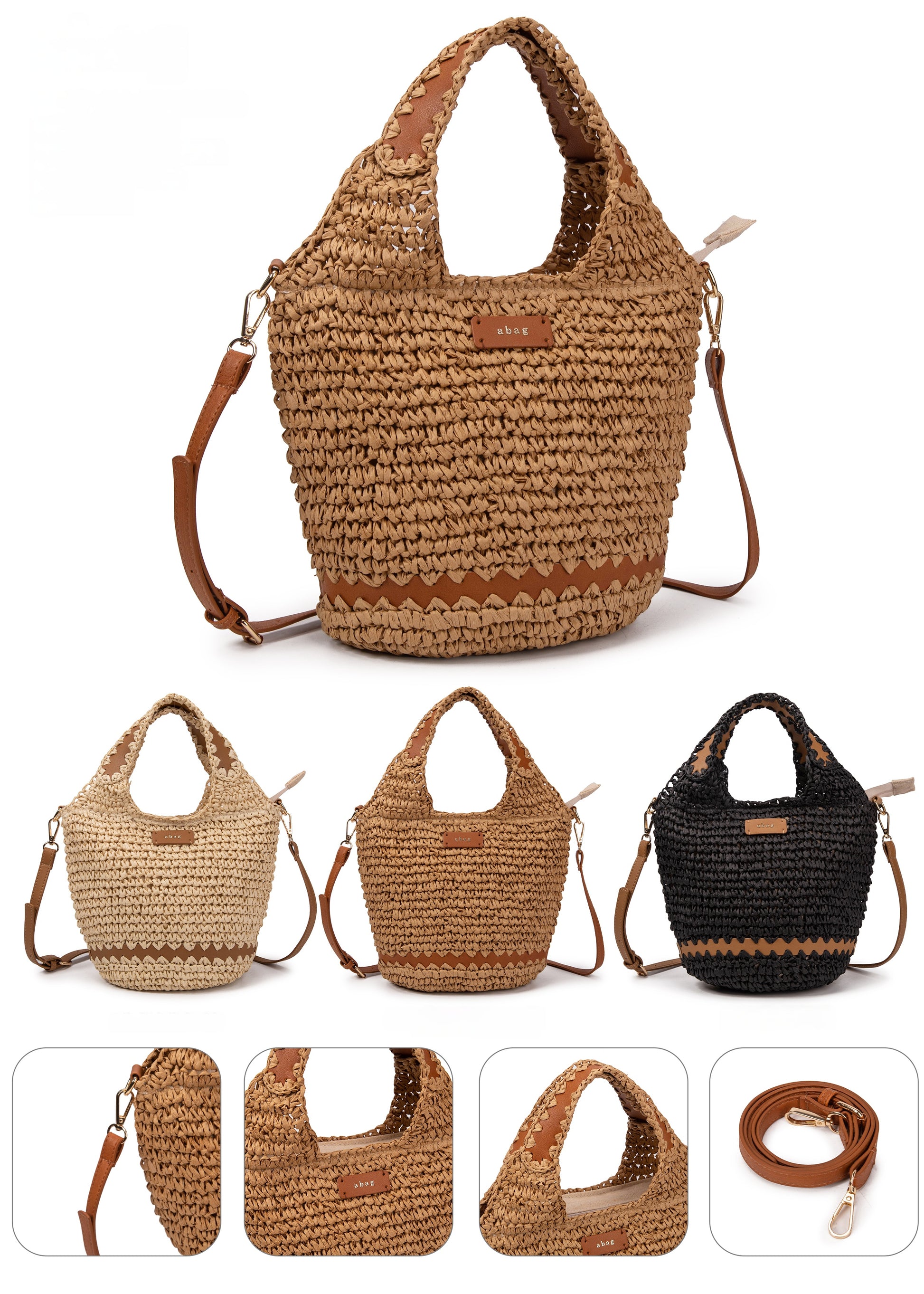 Bucket de rafia con asa trenzada y detalle cuero | Abag® Zigzag Bucket Bag