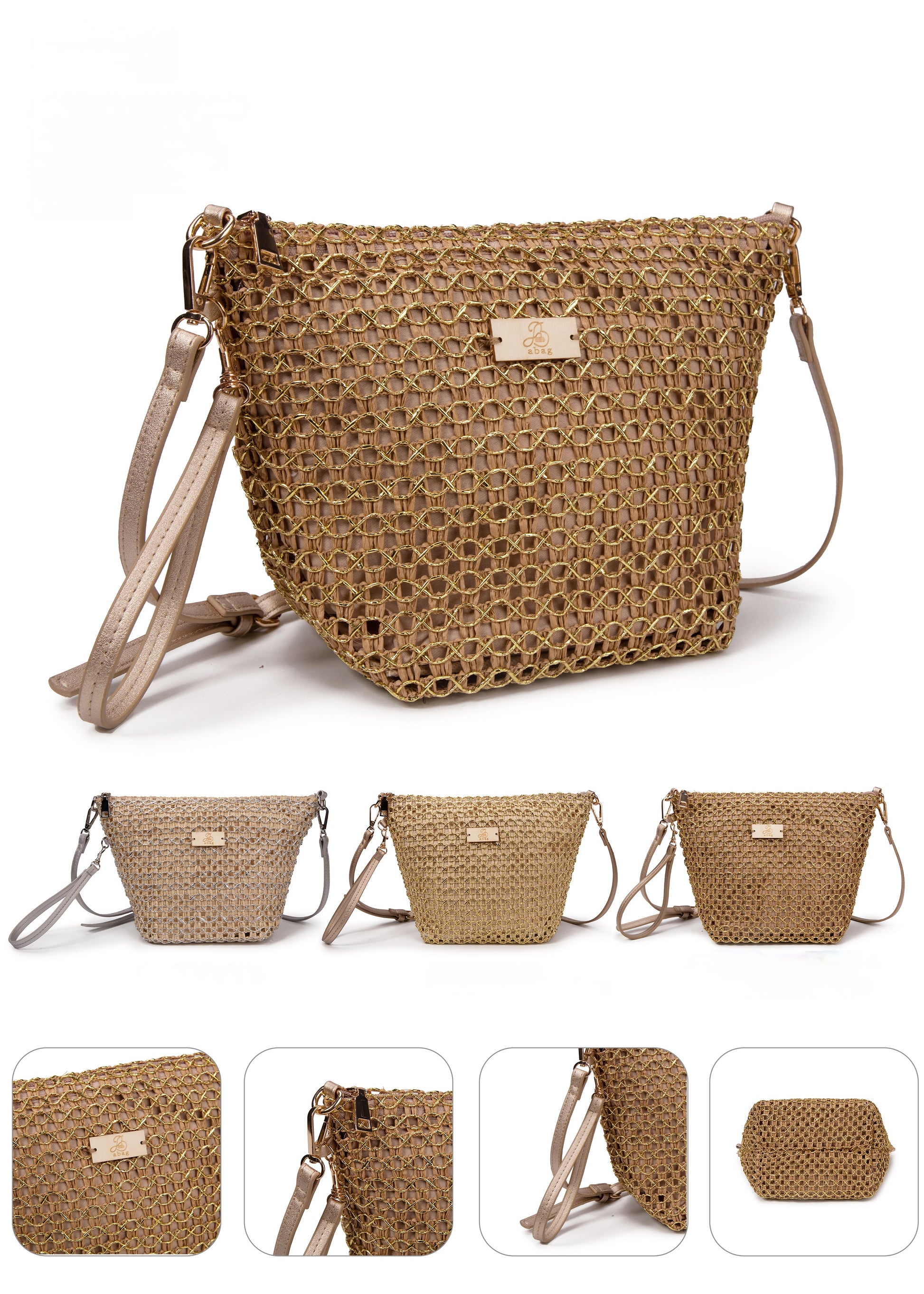 Bolso “Golden Net” – crossbody de rafia con malla dorada que roba miradas