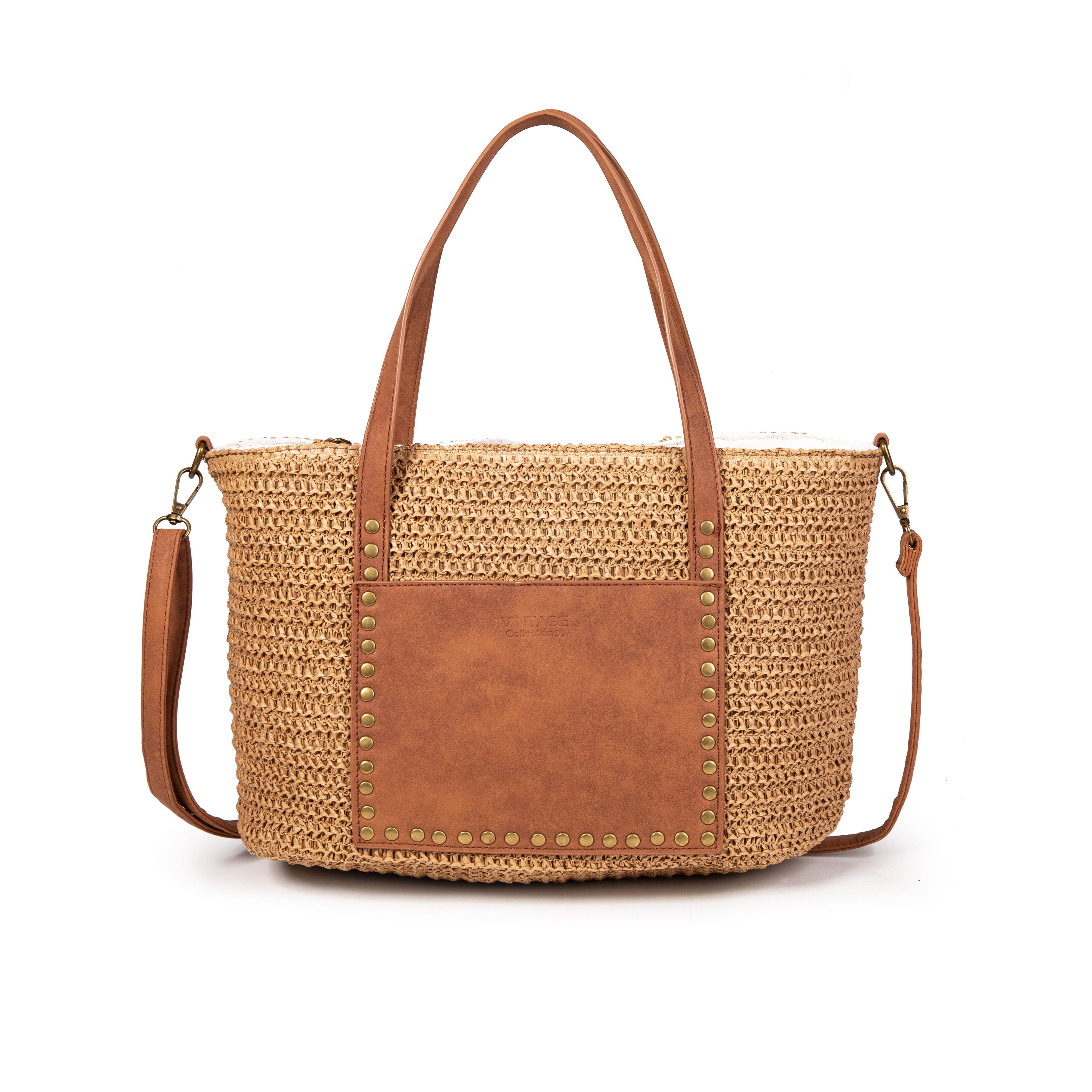 Bolso de rafia con tachuelas