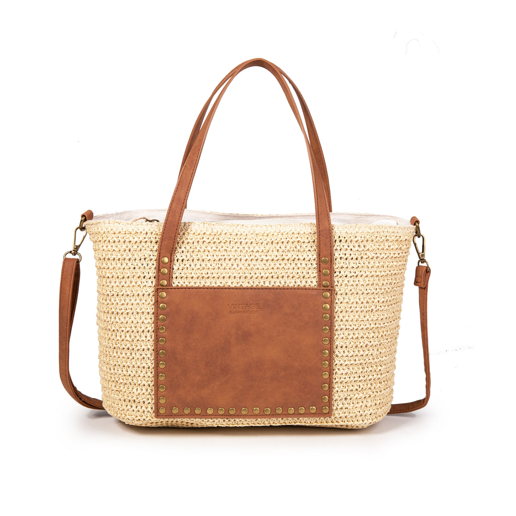Bolso de rafia con tachuelas